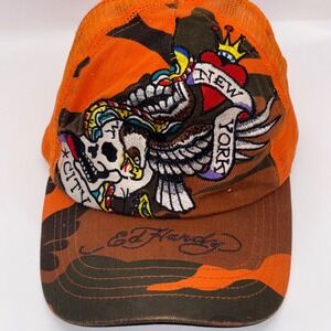 Ed Hardy Y2K New York City Skull Eagle Orange Camo Mesh Trucker Hat Snapback